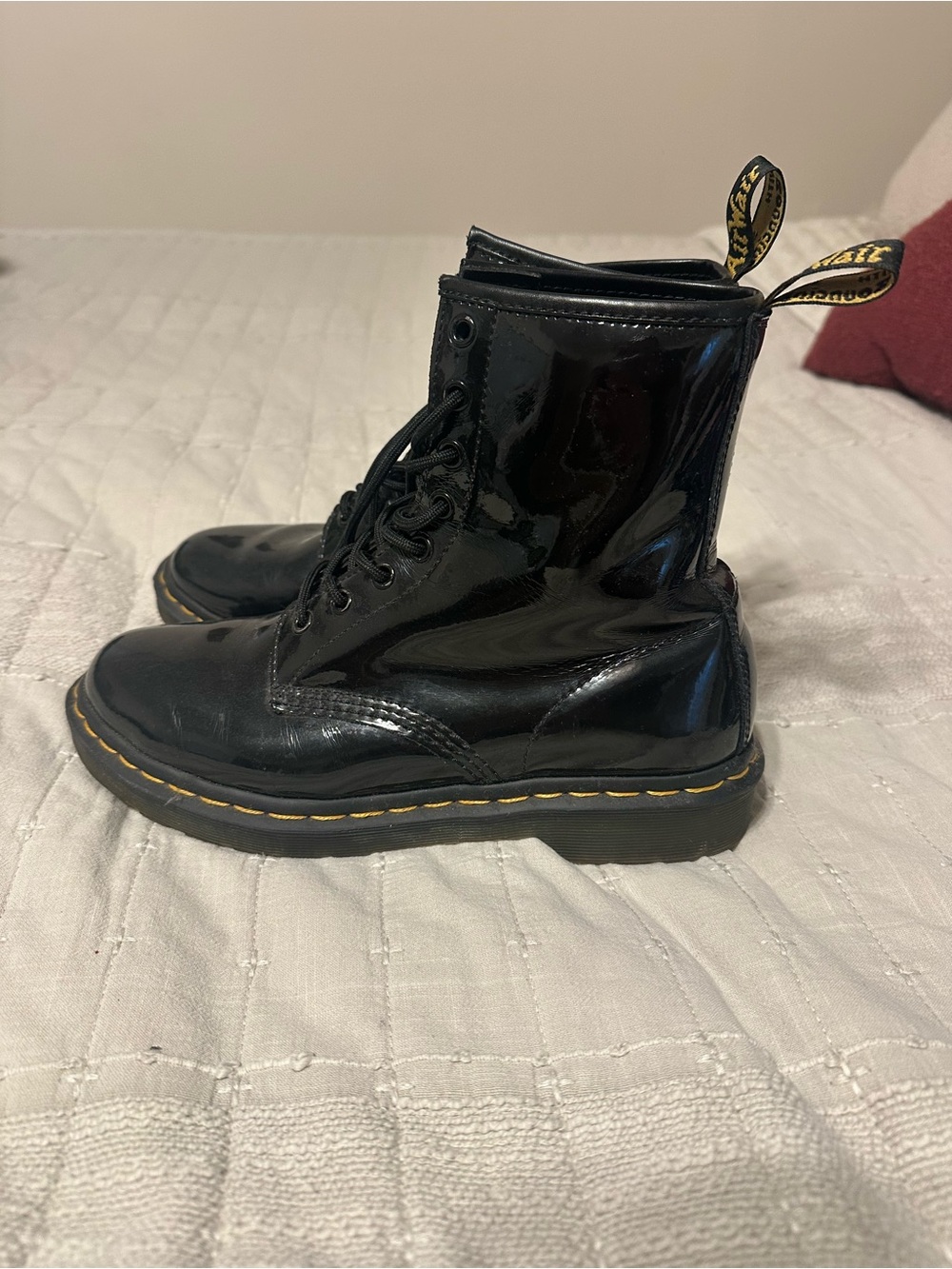 Dr. Martens Black Patent Lace-Up Combat Boots with Yellow Stitching - Picture 2 of 6